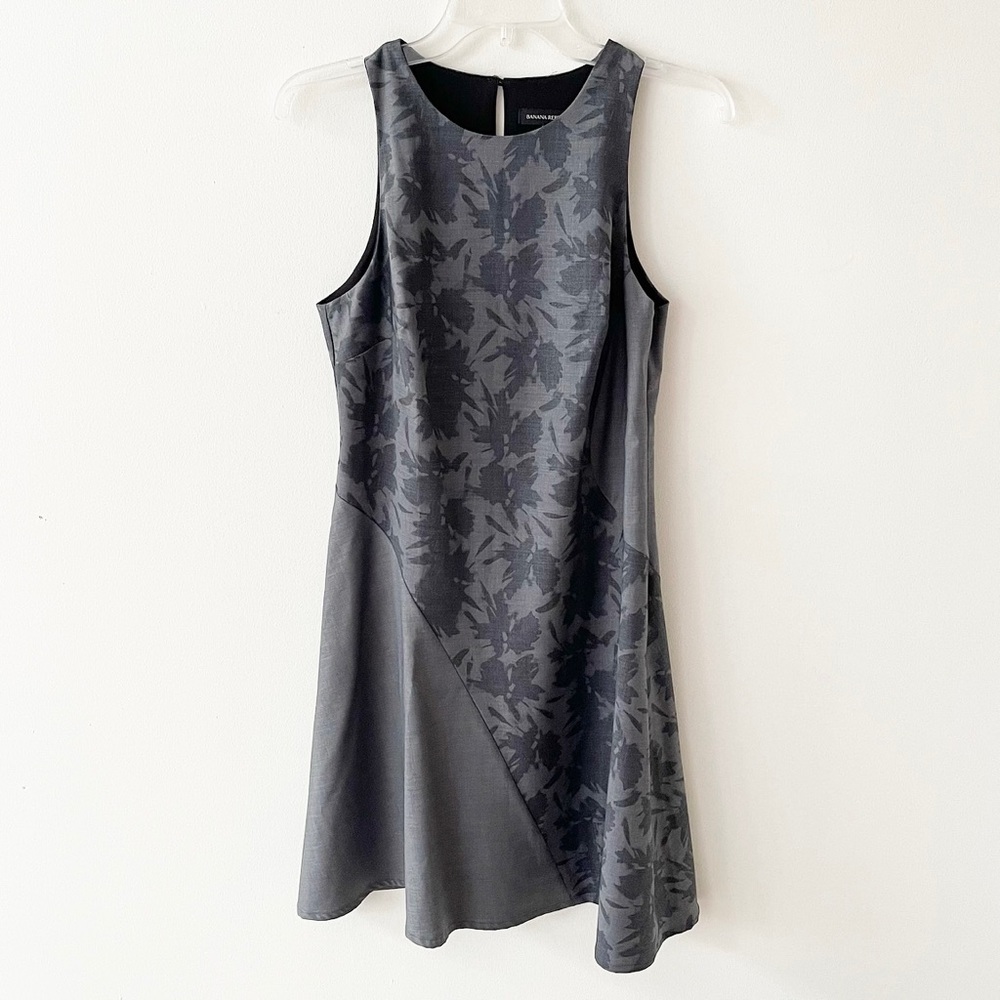 Banana Republic | Grey Floral Pattern Wool-Blend Sleeveless Fit & Flare Dress